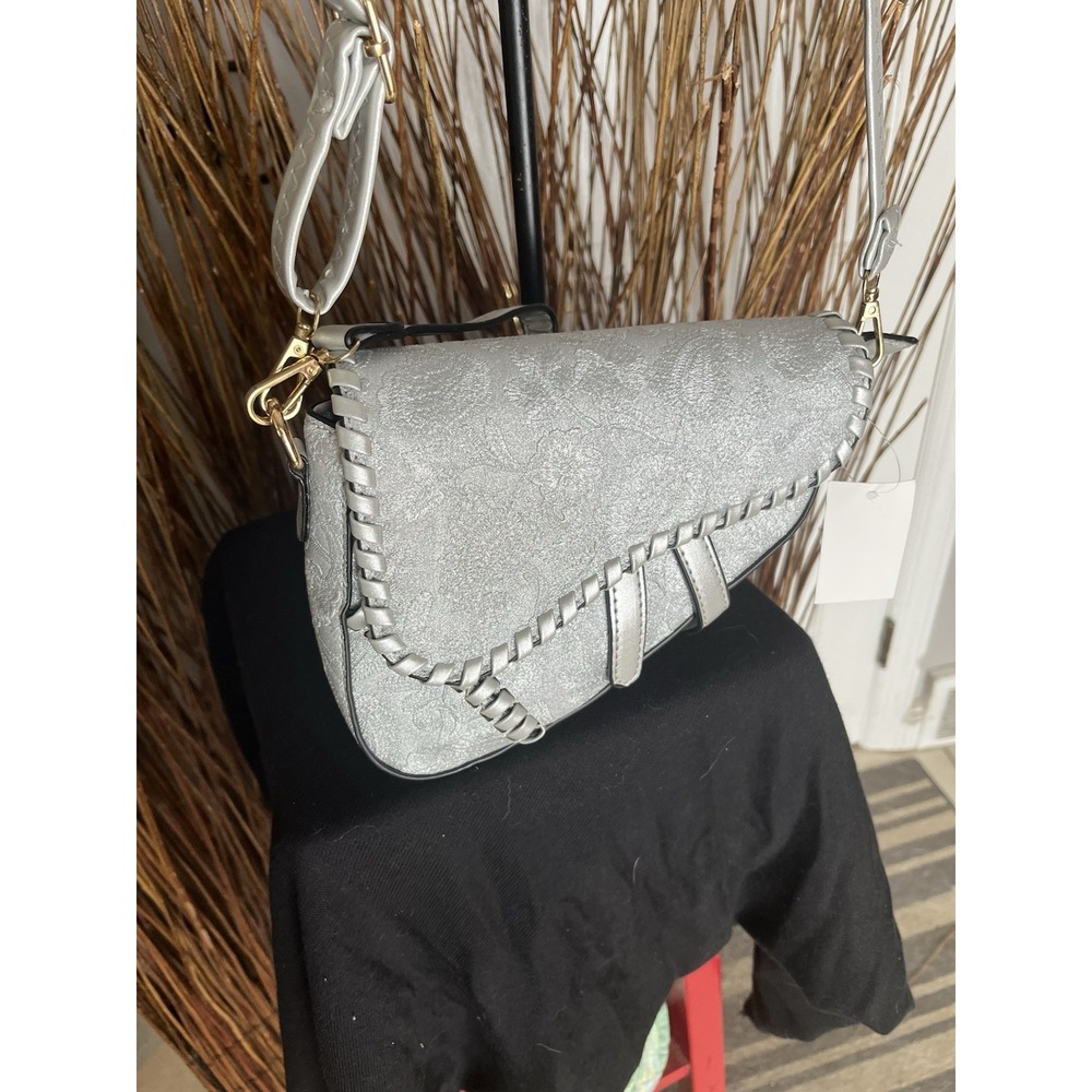 NWT Silver Embossed Crossbody Bag Floral Texture 2 Straps Shoulder Purse Saddle